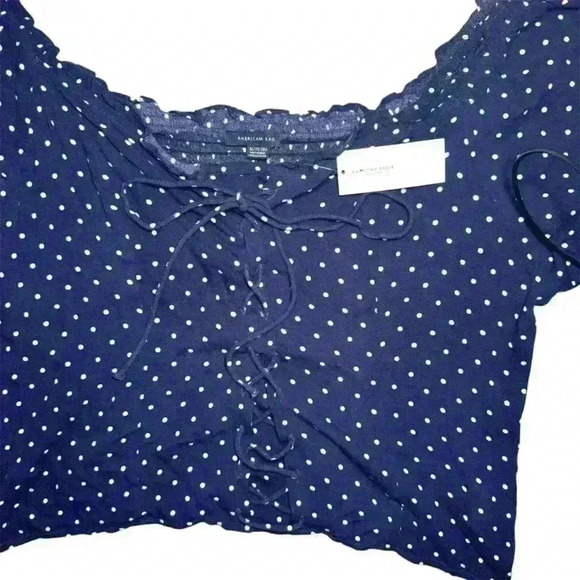 NWTAmerican Eagle navy polka dot lace up smocked back crop top XL - Picture 3 of 10